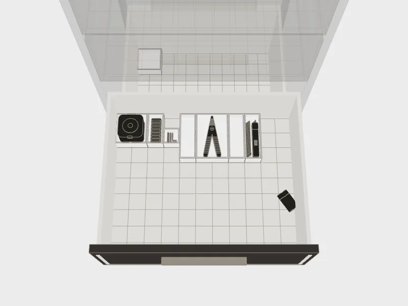 A drawer from above with each thing in its tray; a few changes marked.