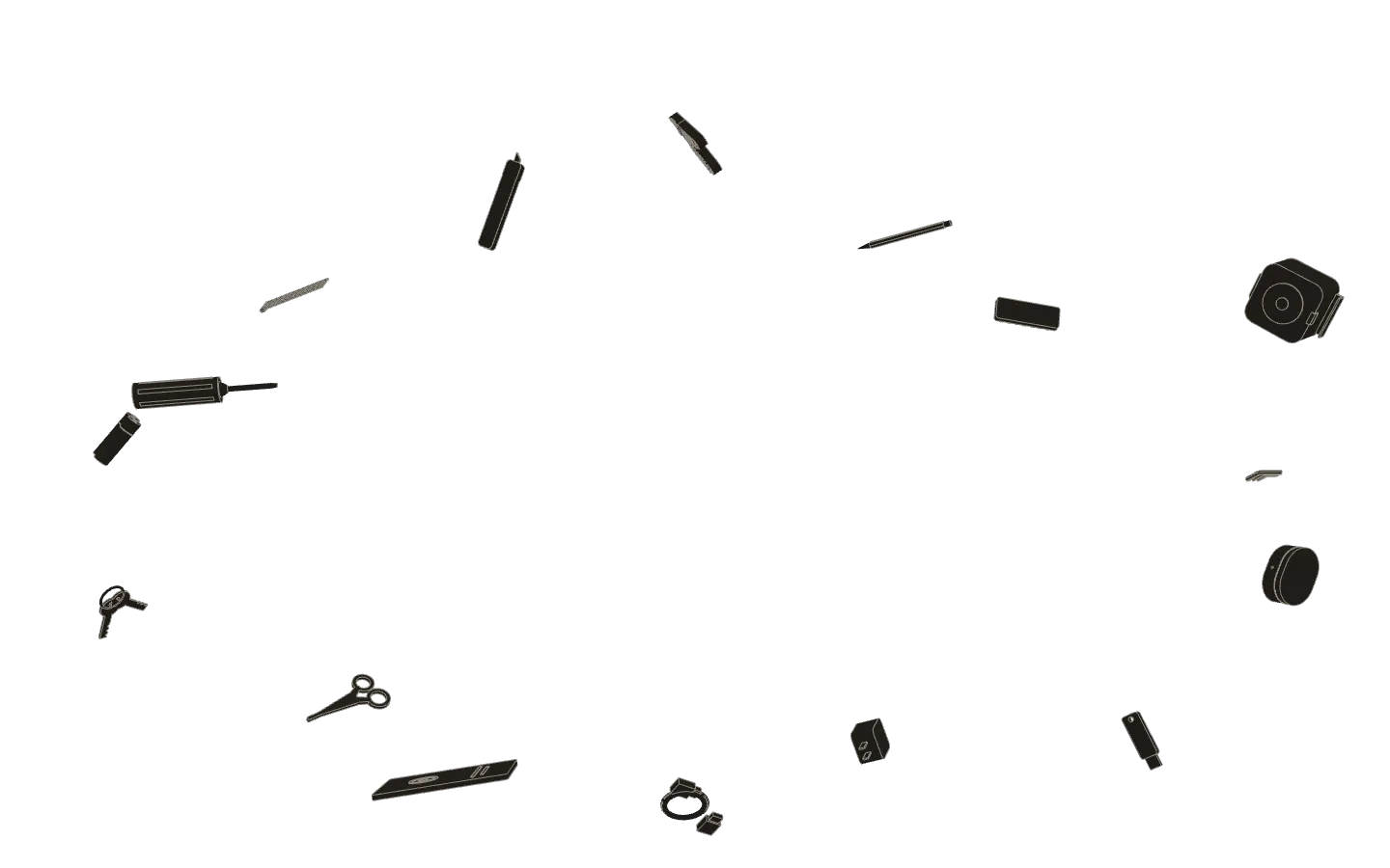 Allen keys, a tape measure, batteries, a passport and other everyday things, drawn in ink, tumbling in the air.